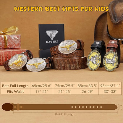 Embossed Cowboy Genuine Leather Kid Western Buckle Belts for Jeans Gifts
