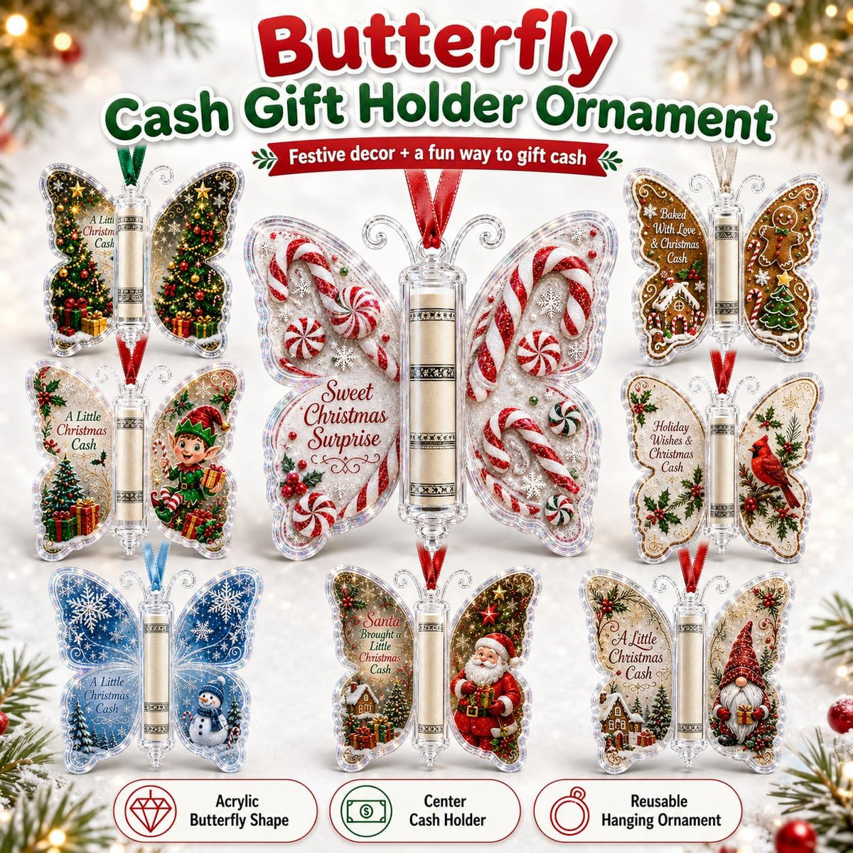 Butterfly Christmas Cash Gift Holder Ornament,Acrylic Money Holder