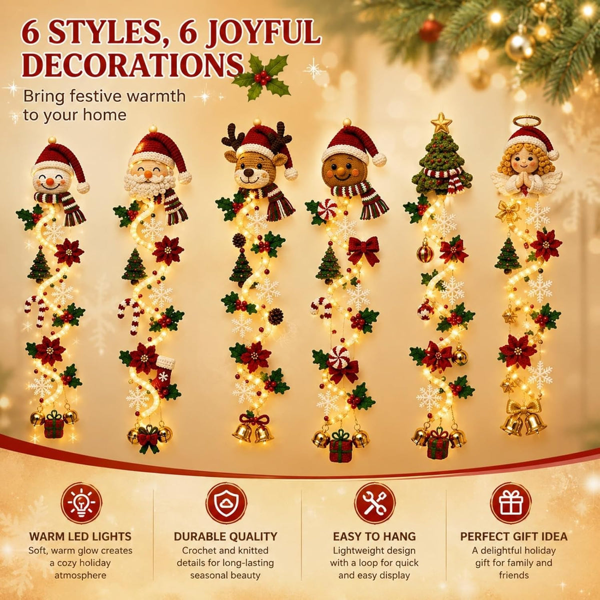 6 Styles Glowing Christmas Door Hanger, Lighted Christmas Door Hanger