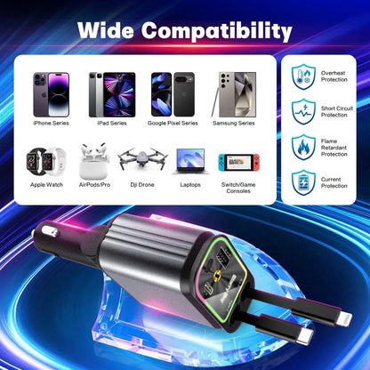 4 in 1 Retractable Car 120W Charger with Starlight