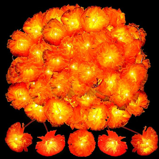 9.8ft/3m Artificial Marigold Flowers Orange Fairy Curtain Lights, Battery Operated for Diwali Day of The Dead Pooja Party Decoration
