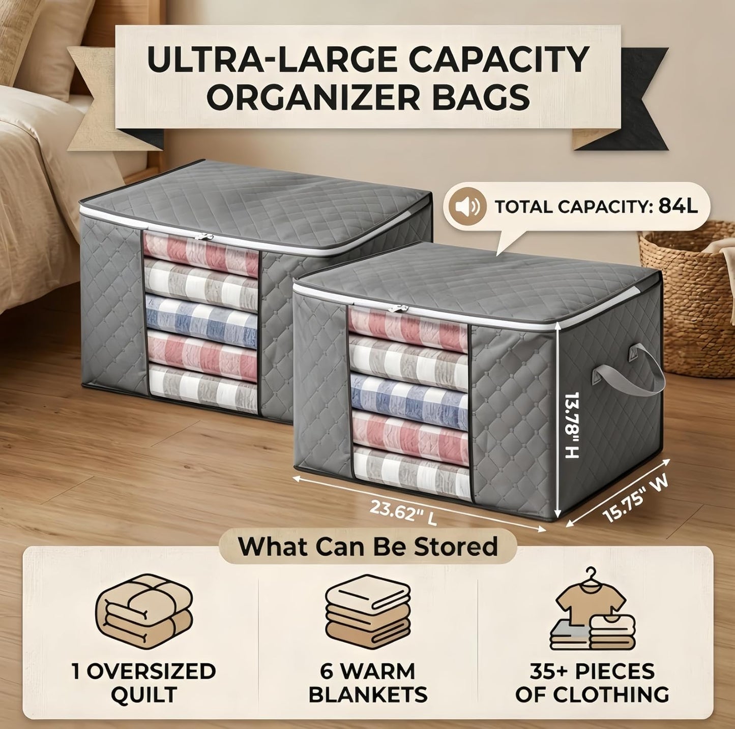 2-Pack 84L Heavy Duty Collapsible Large Capacity Organizer Storage Bins with Lids