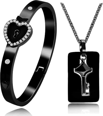 Lock Bracelet and Key Necklace Titanium Steel Couples Jewelry, Romantic Gift for Valentines Day, Birthday, Christmas, Wedding, Anniversary