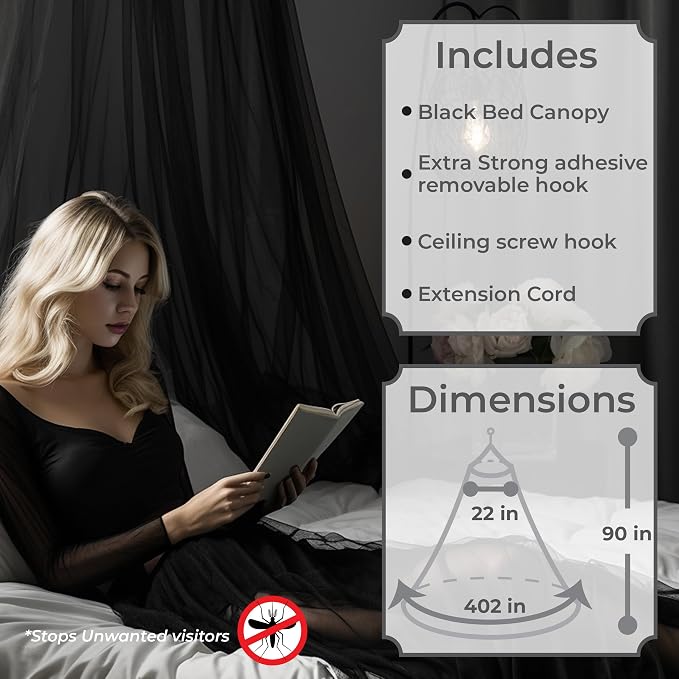 Black Canopy Bed Curtains for Bed, Netting Room Decor for all Size Bed , Fire Retardant Fabric