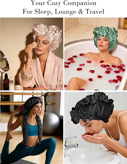 Heatless Curl Satin Bonnet for Sleeping, No Slip Sleep Bonnet with Long Curling Ribbons