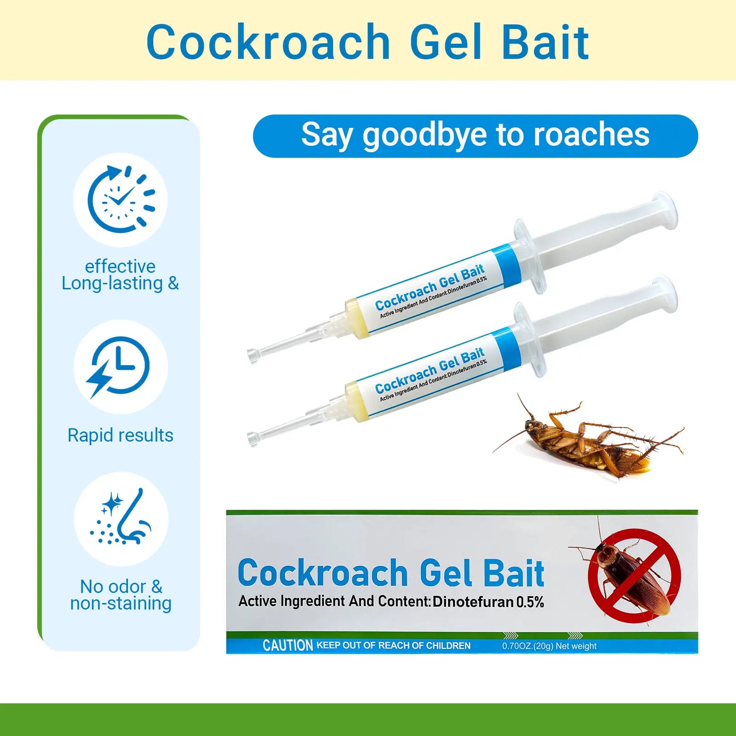 2-Pack Cockroach Gel Bait Syringes, Indoor Roach Control Gel for Kitchen, Bathroom, Cabinets and Corners