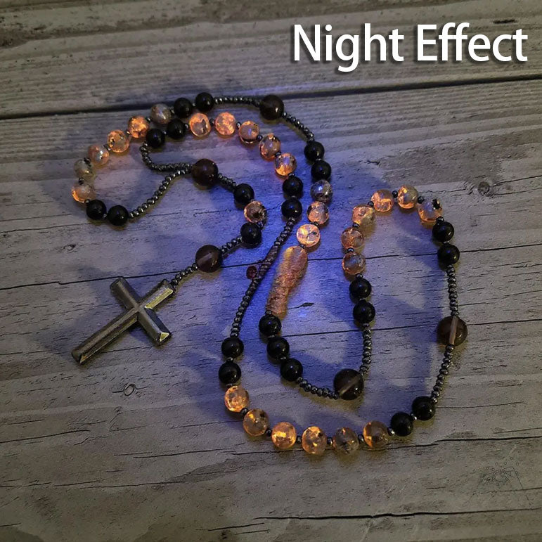 UV Reactive Yooperlite Rosary Necklace with Natural Obsidian Healing Crystal