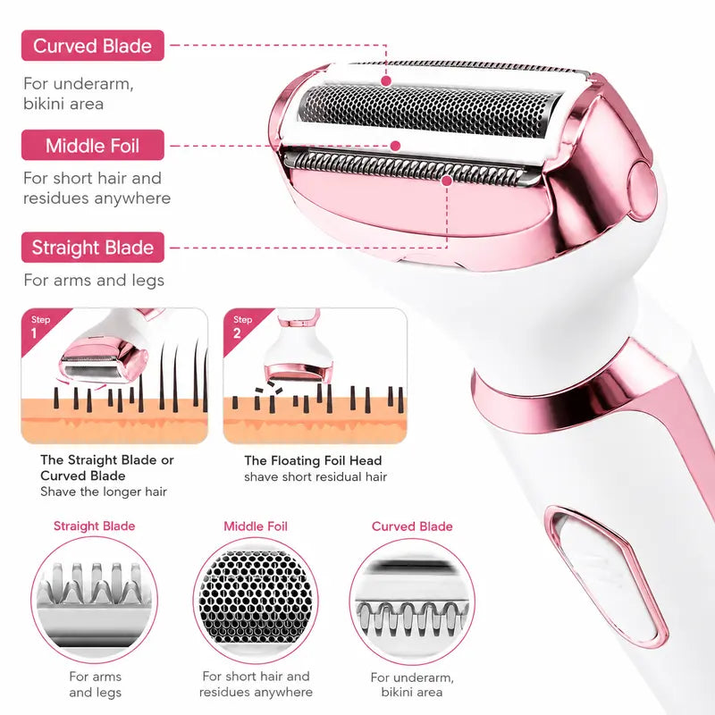 4-in-1 Comfortable Pink Electric Shaver for Women