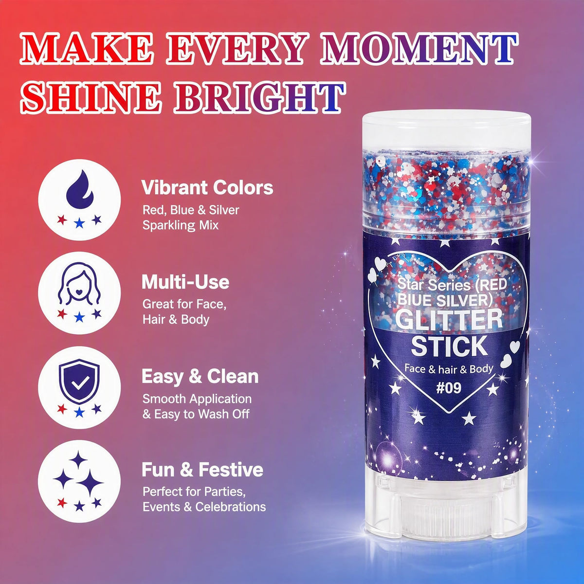 Patriotic Face and Body Glitter Stick ,Shimmer Makeup for 4th of July USA
