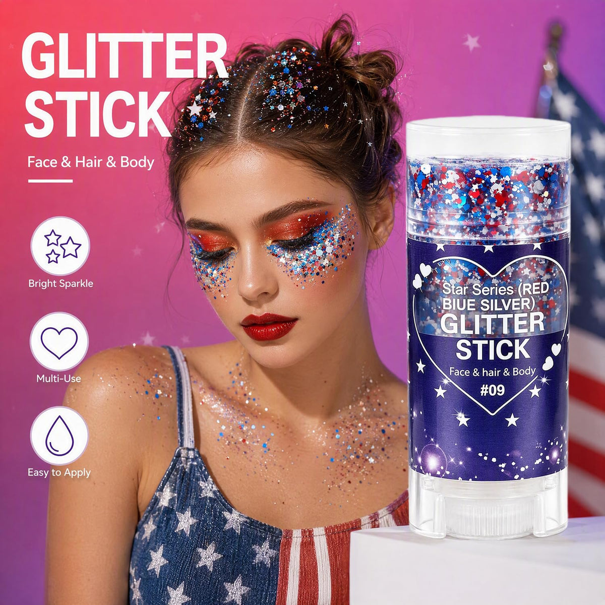 Patriotic Face and Body Glitter Stick ,Shimmer Makeup for 4th of July USA