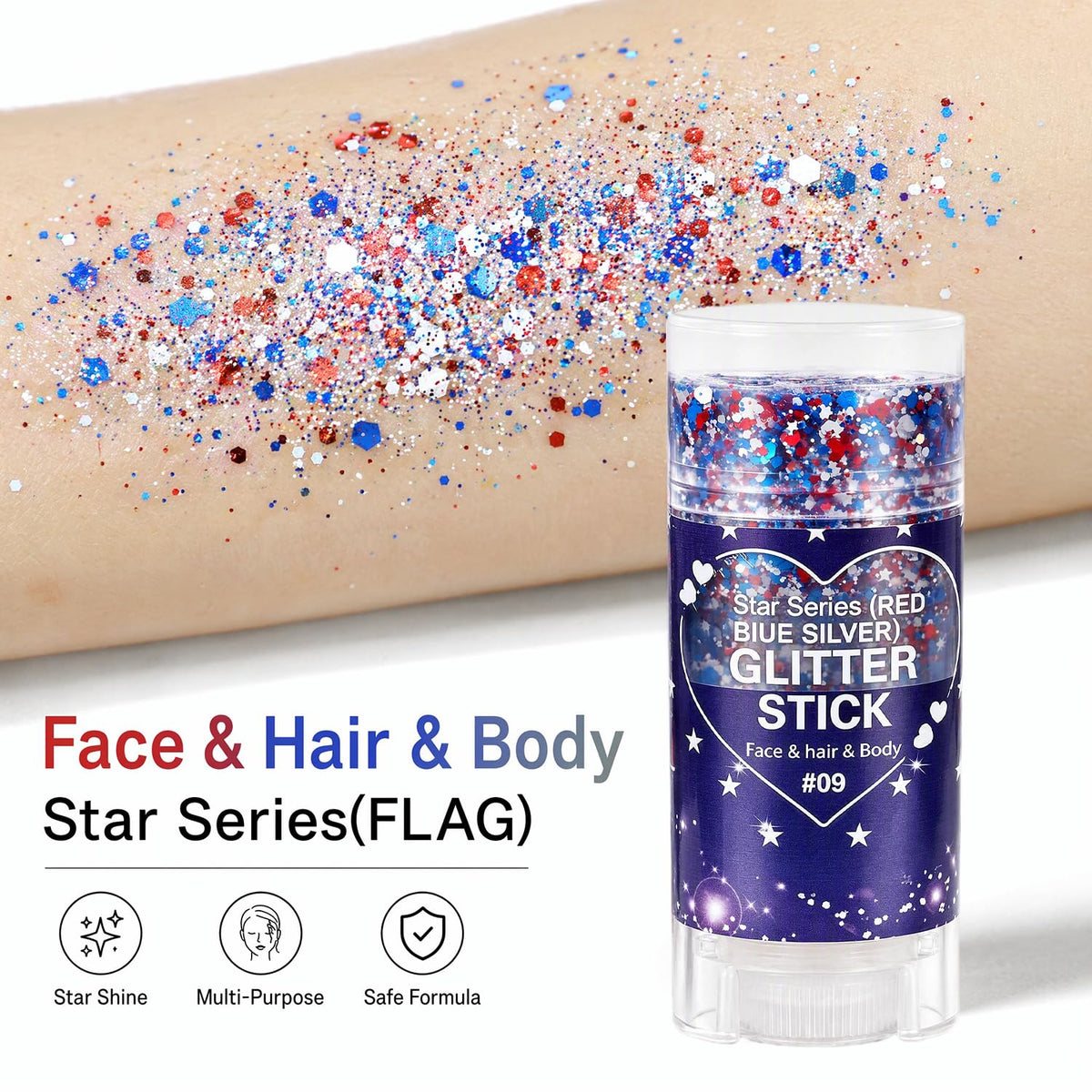 Patriotic Face and Body Glitter Stick ,Shimmer Makeup for 4th of July USA
