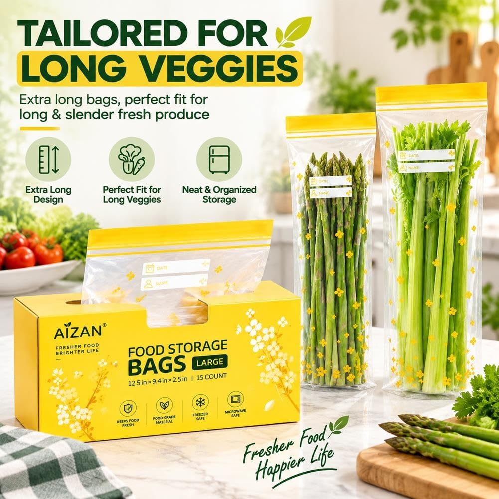 15PCS Reusable Long Vegetable Storage Bags, Thick Double Food Sealed Fresh-Keeping Bags