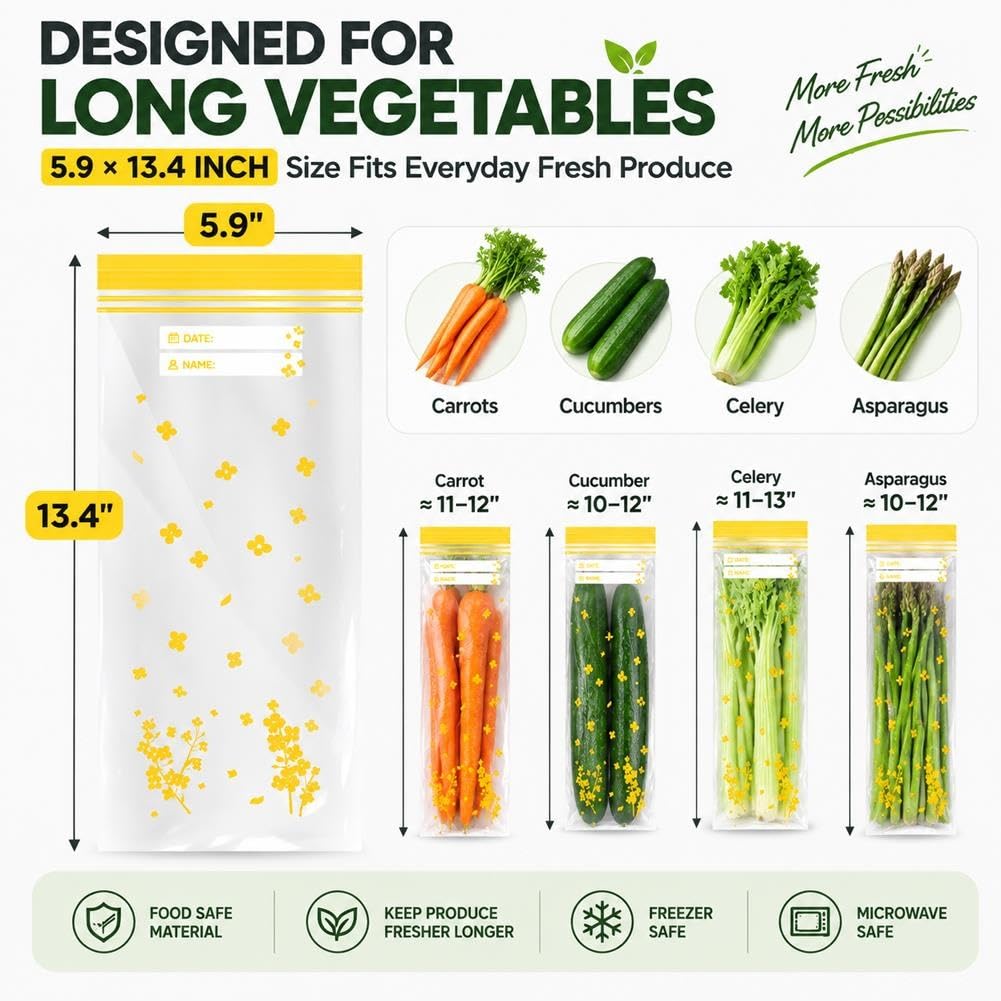 15PCS Reusable Long Vegetable Storage Bags, Thick Double Food Sealed Fresh-Keeping Bags