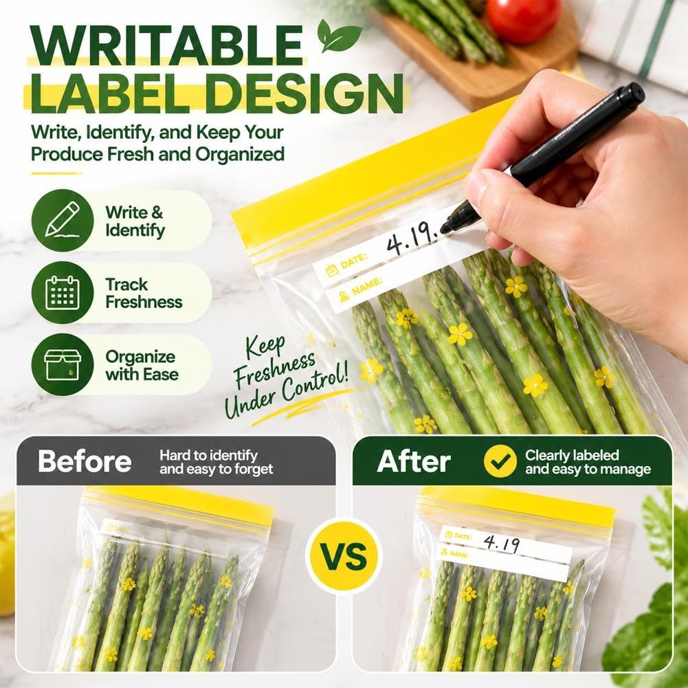 15PCS Reusable Long Vegetable Storage Bags, Thick Double Food Sealed Fresh-Keeping Bags
