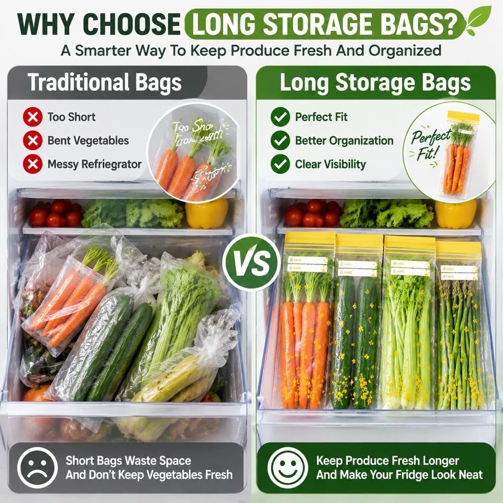 15PCS Reusable Long Vegetable Storage Bags, Thick Double Food Sealed Fresh-Keeping Bags