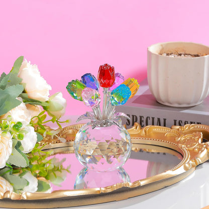 Ornalrist Crystal Colorful Rose Flower Collectible Figurine with Vase