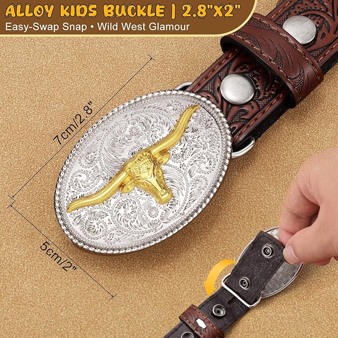 Embossed Cowboy Genuine Leather Kid Western Buckle Belts for Jeans Gifts
