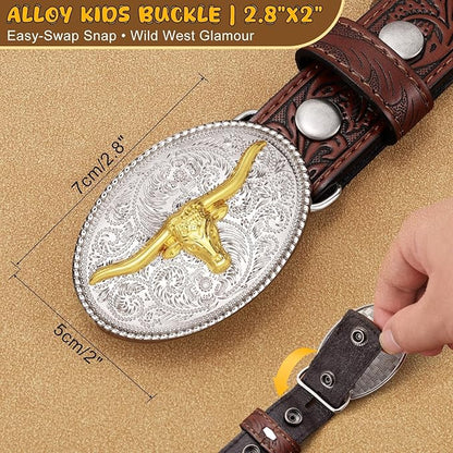 Embossed Cowboy Genuine Leather Kid Western Buckle Belts for Jeans Gifts
