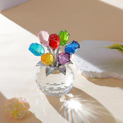Ornalrist Crystal Colorful Rose Flower Collectible Figurine with Vase