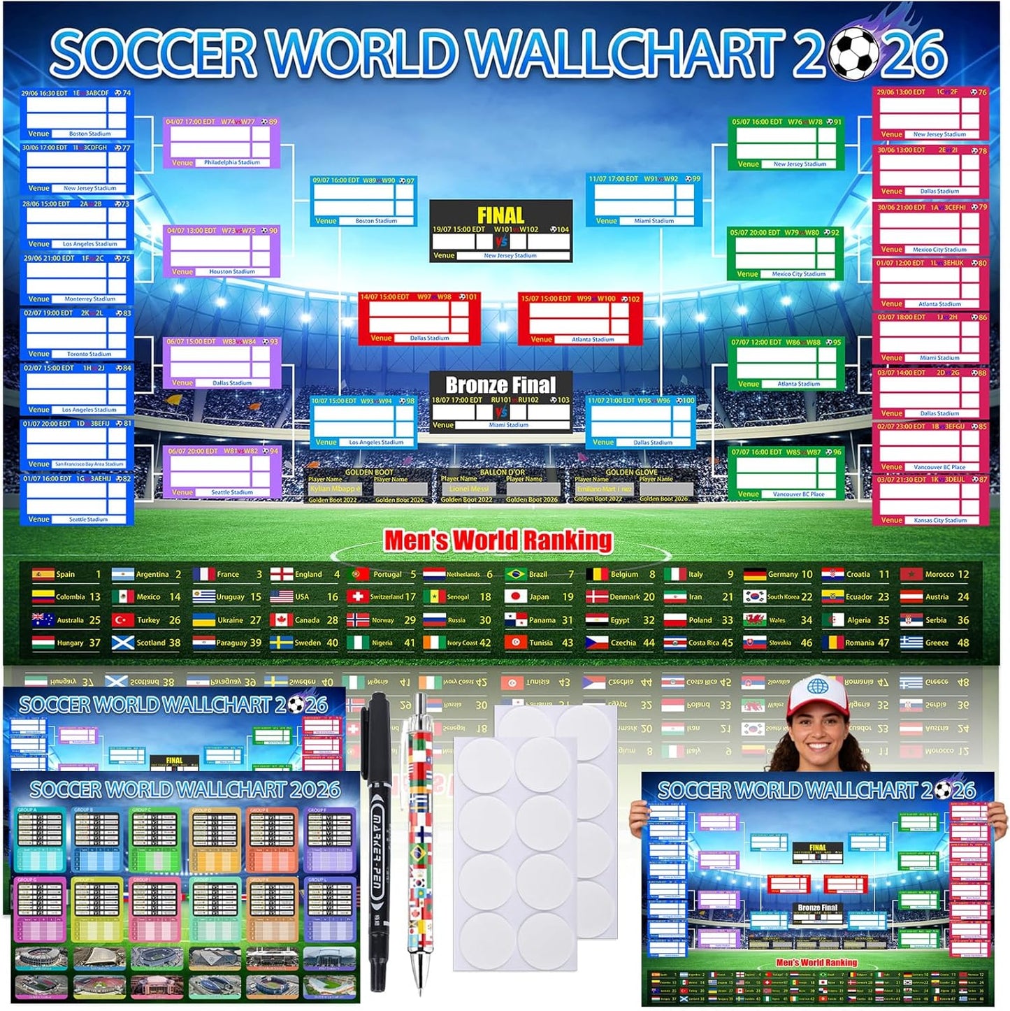 2 PCS World Cup Schedule Poster 2026 Large 24x33 Inch Tournament Wall Chart Set