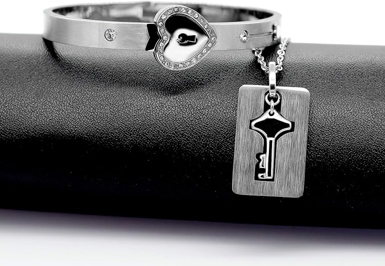 Lock Bracelet and Key Necklace Titanium Steel Couples Jewelry, Romantic Gift for Valentines Day, Birthday, Christmas, Wedding, Anniversary