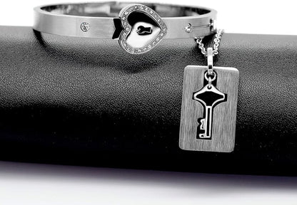Lock Bracelet and Key Necklace Titanium Steel Couples Jewelry, Romantic Gift for Valentines Day, Birthday, Christmas, Wedding, Anniversary