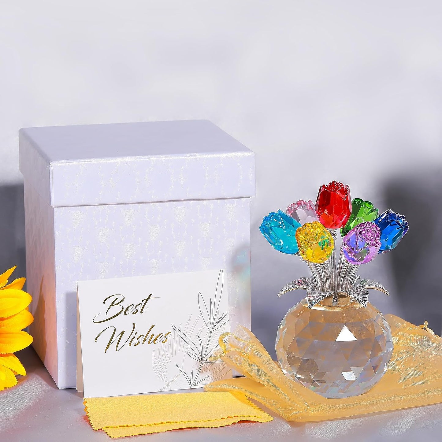 Ornalrist Crystal Colorful Rose Flower Collectible Figurine with Vase
