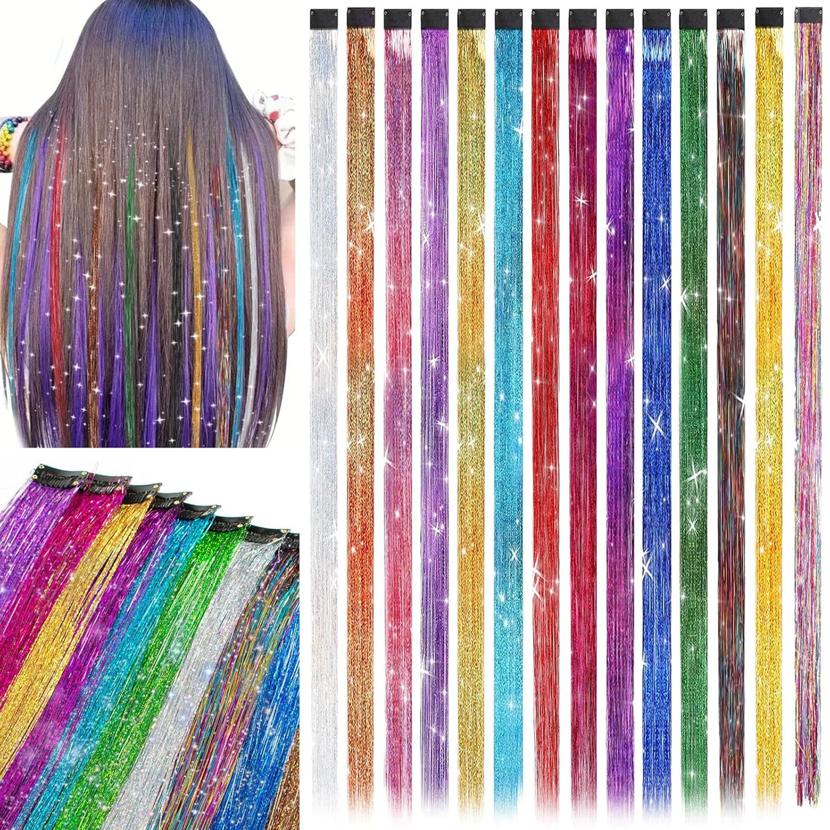 12PCS Hair Tinsel Clip In Glitter Fairy Tinsel Hair Extensions Gift