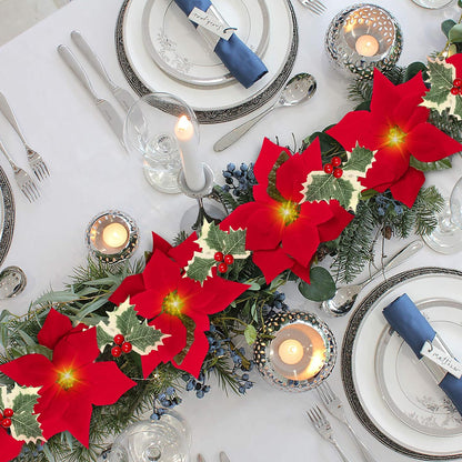 9.4 FT Lighted Artificial Garlands with Red Flowers and Berries