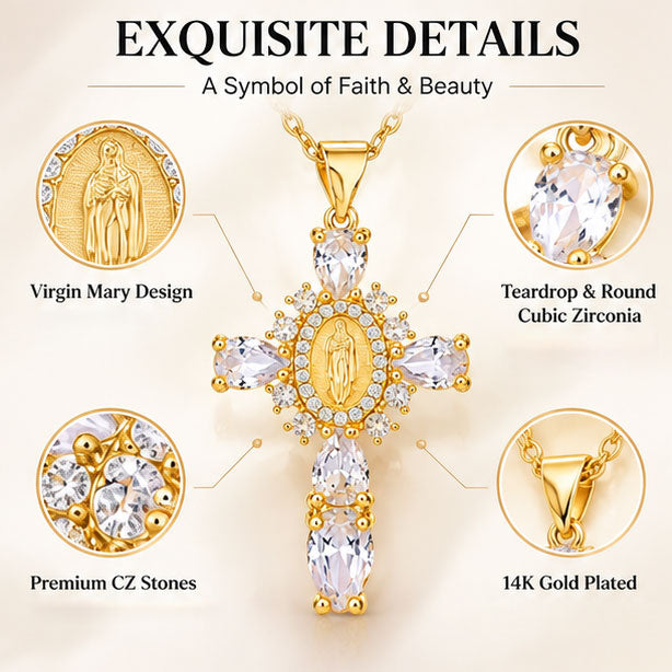 18K Gold Plated Virgin Mary Necklace For Women Men ,Delicate Crystal Zircon Cross Pendant Necklace