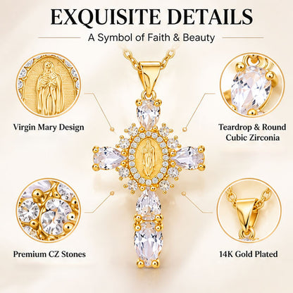 18K Gold Plated Virgin Mary Necklace For Women Men ,Delicate Crystal Zircon Cross Pendant Necklace