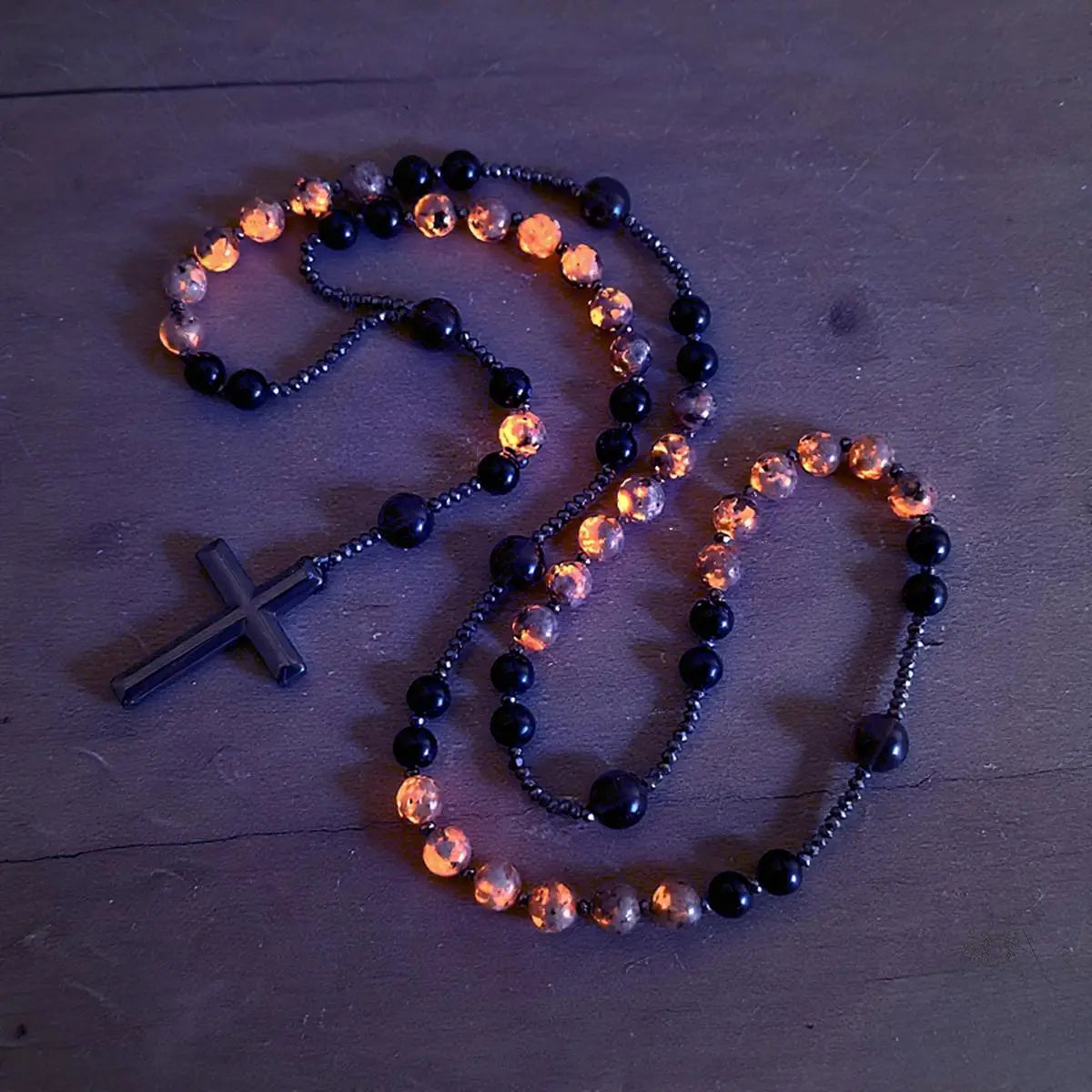 UV Reactive Yooperlite Rosary Necklace with Natural Obsidian Healing Crystal