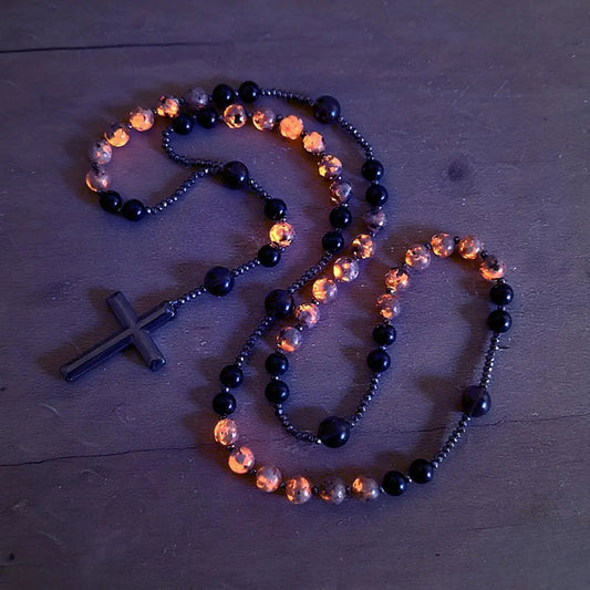 UV Reactive Yooperlite Rosary Necklace with Natural Obsidian Healing Crystal