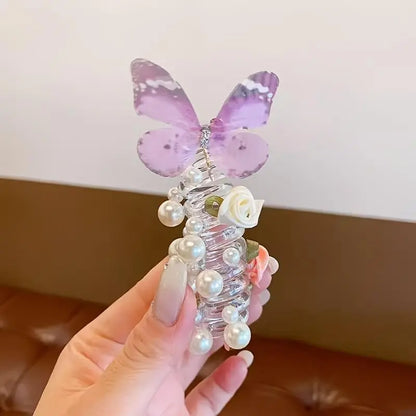 3-Piece Mesh Butterfly Telephone Cord Hair Ties - Beaded Flower Design Hair Accessories Sets