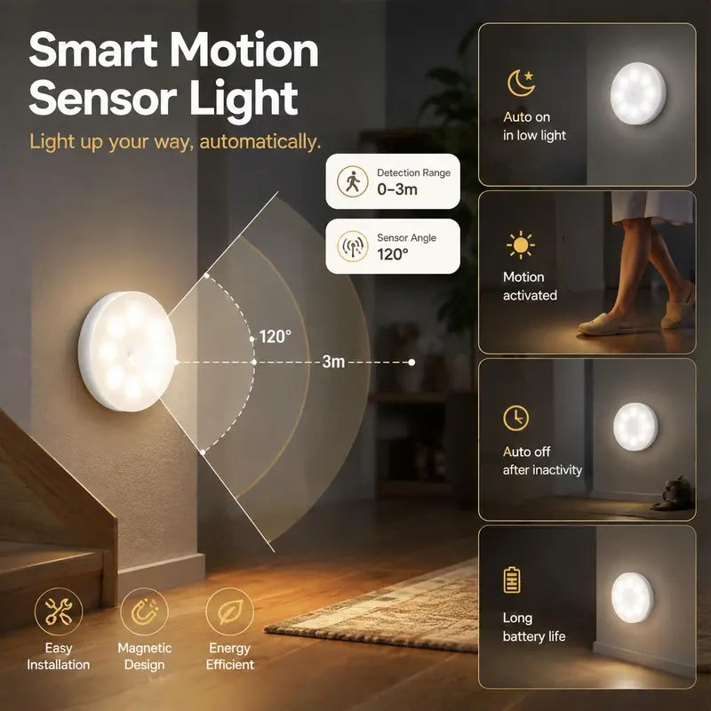 Round Automatic Closet LED Light - Motion Sensor with On/Off Delay