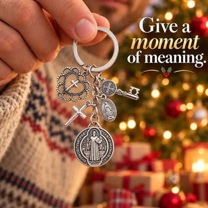 Catholic Religious Charm Key Ring with Cross Pendant , Vintage Saint Benedict Medal Keychain