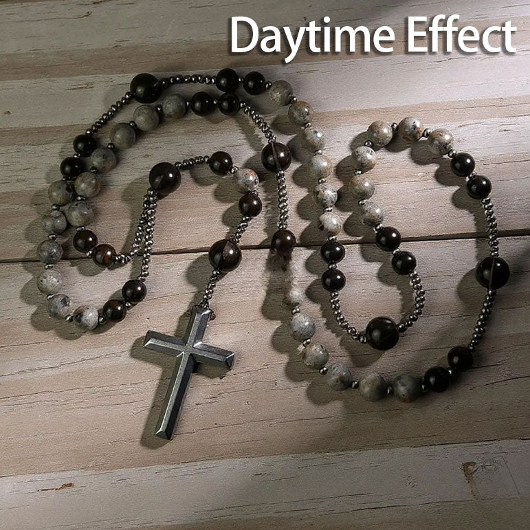 UV Reactive Yooperlite Rosary Necklace with Natural Obsidian Healing Crystal
