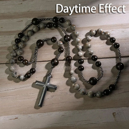 UV Reactive Yooperlite Rosary Necklace with Natural Obsidian Healing Crystal