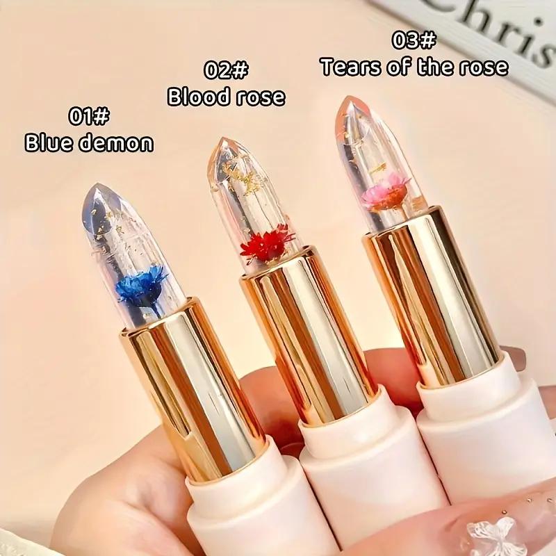 3Pcs Flower Jelly Color Changing Liptick Set Waterproof Long Lasting Moisturizing Makeup