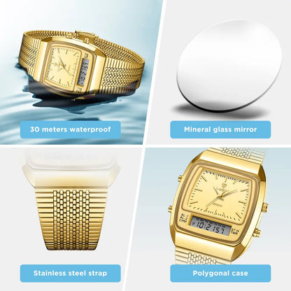Retro Square Dial Watch for Men - Fashionable Waterproof 30M Dual Display Analog-Digital