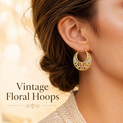 Gold Plated Crescent Moon Earrings with Colorful Enamel Flowers