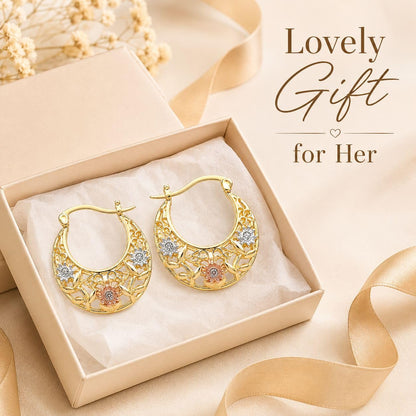 Gold Plated Crescent Moon Earrings with Colorful Enamel Flowers