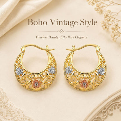 Gold Plated Crescent Moon Earrings with Colorful Enamel Flowers