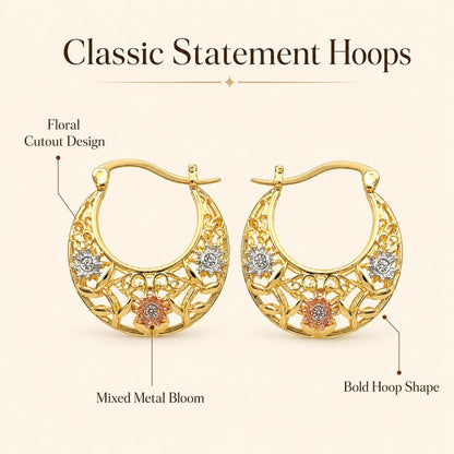 Gold Plated Crescent Moon Earrings with Colorful Enamel Flowers