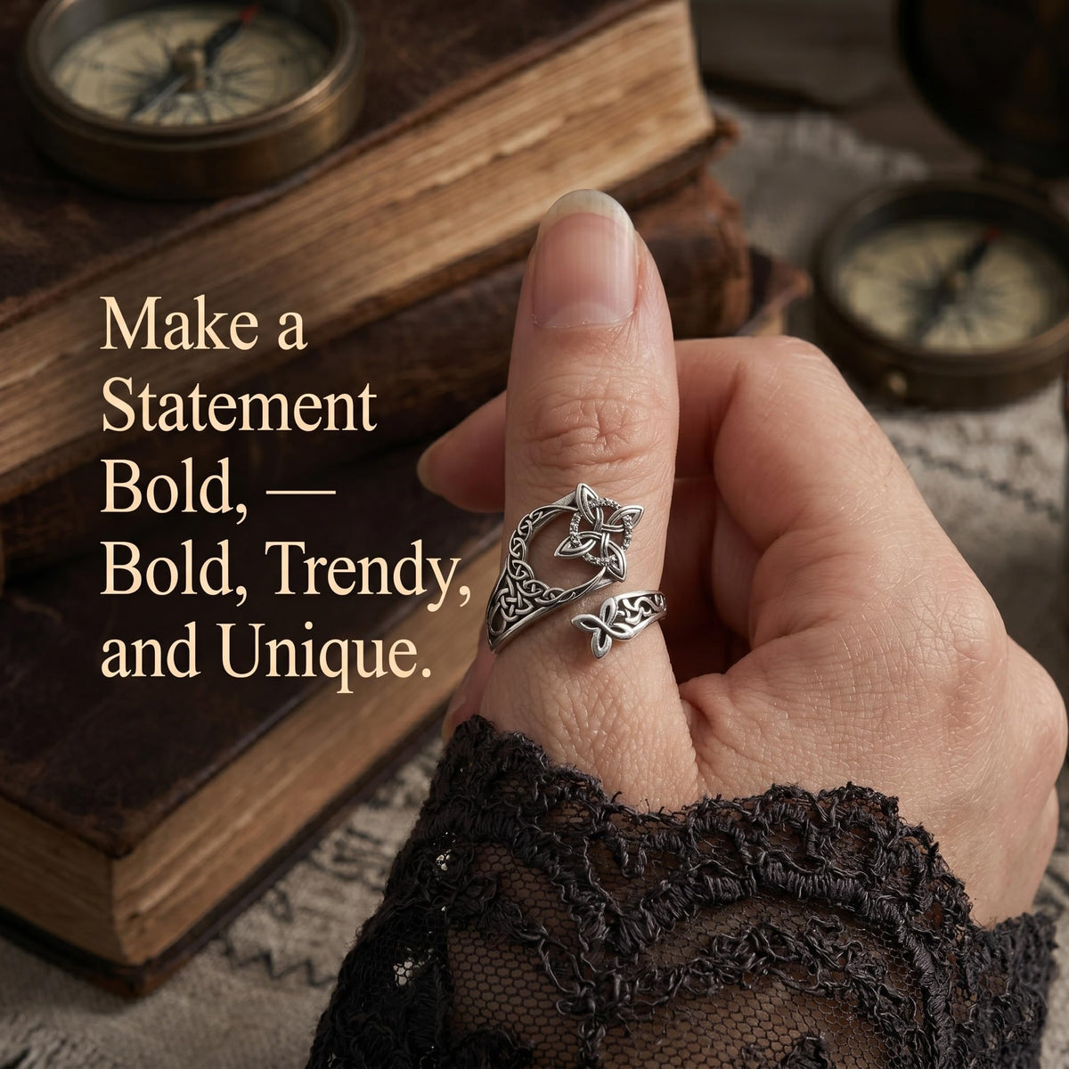 Celtic Knot Adjustable Open Hollow Ring, Vintage Witches Knot Protect Rings