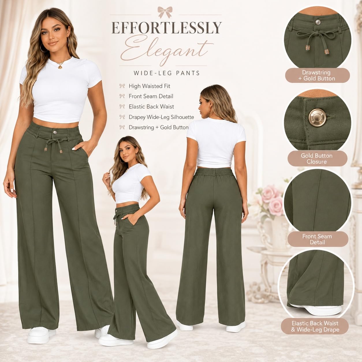 Women's High Waisted Wide Leg Pants with Drawstring and Front Seam