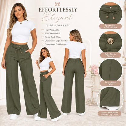 Women's High Waisted Wide Leg Pants with Drawstring and Front Seam
