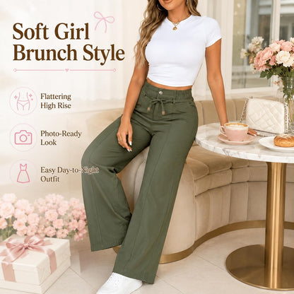 Women's High Waisted Wide Leg Pants with Drawstring and Front Seam