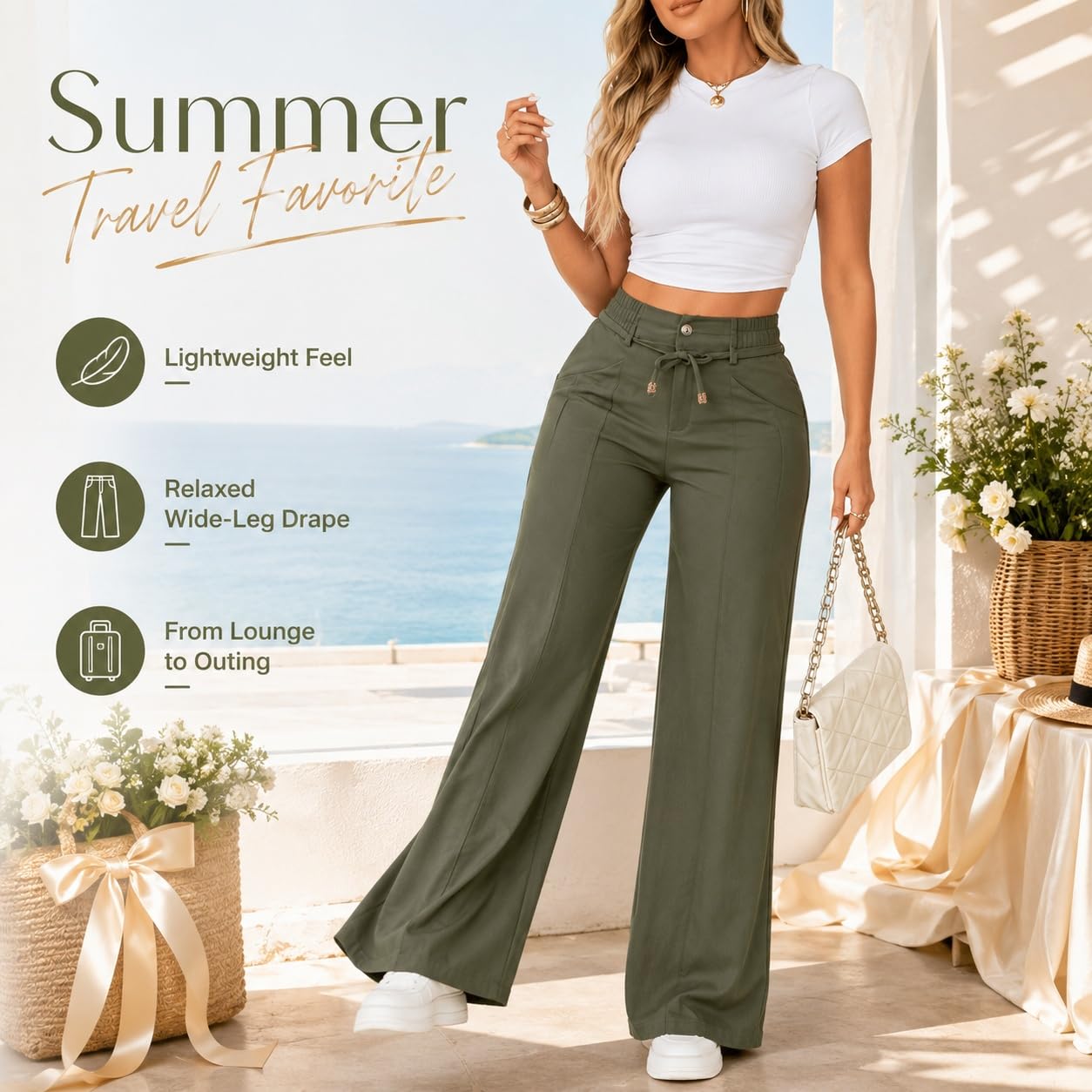 Women's High Waisted Wide Leg Pants with Drawstring and Front Seam