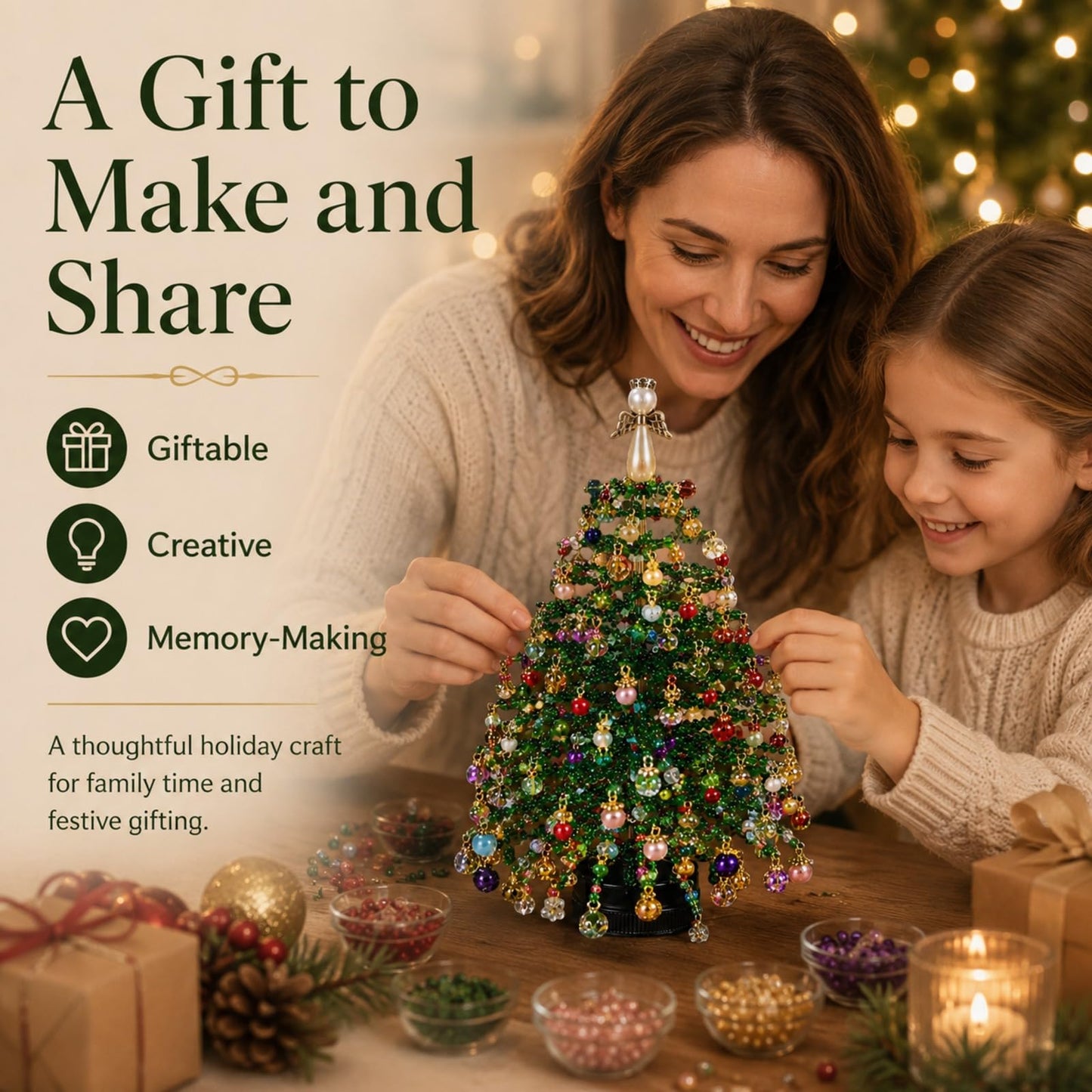 LED DIY Beaded Christmas Tree Kit, Handmade Mini Desk Xmas Bead Art,